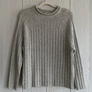 Vtg Y2K Grey Marled Speckled Ribbed Pullover Crewneck Sweater Cozy Neutral Sz L